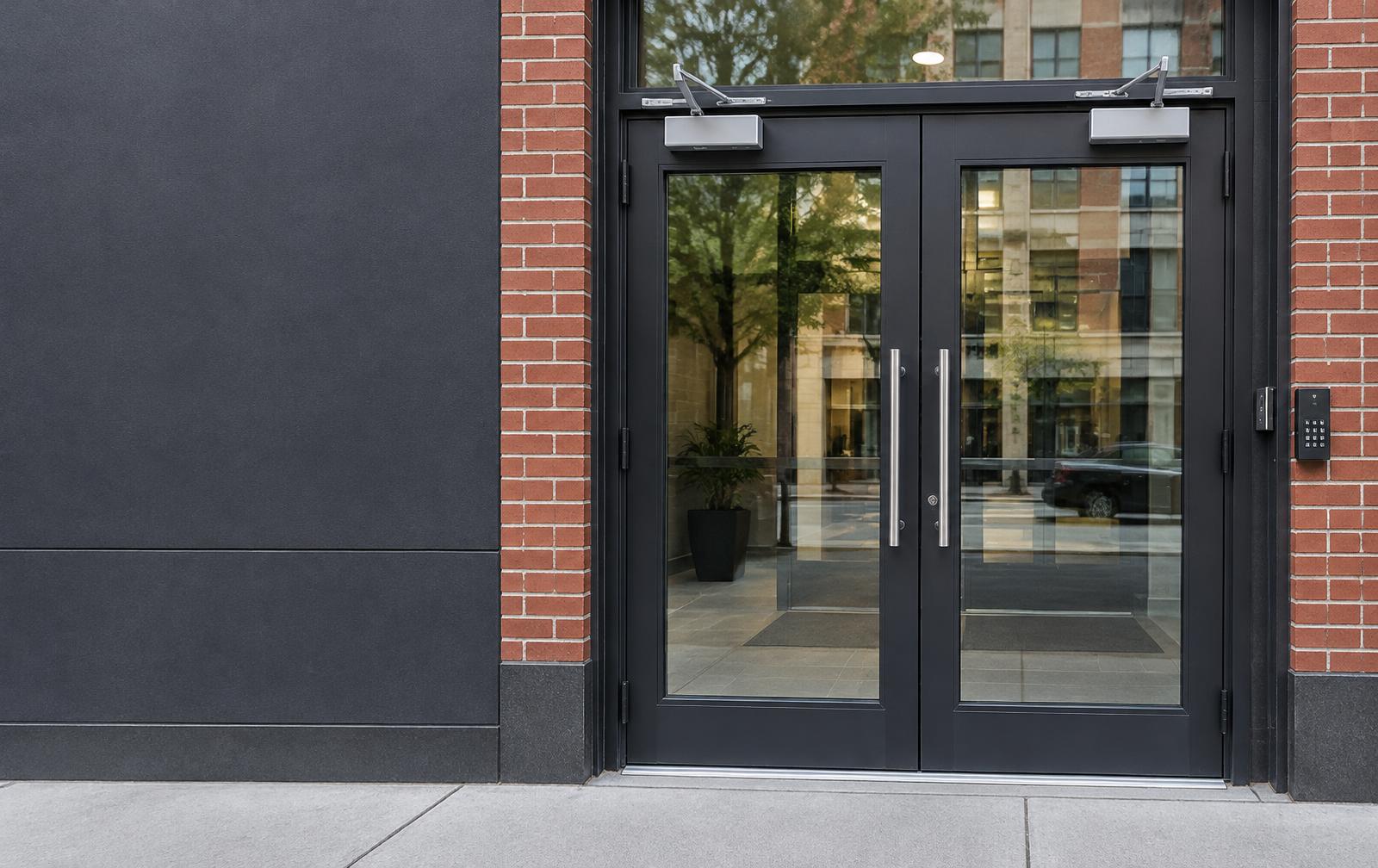 Black steel-framed commercial entrance doors with security hardware and door closers