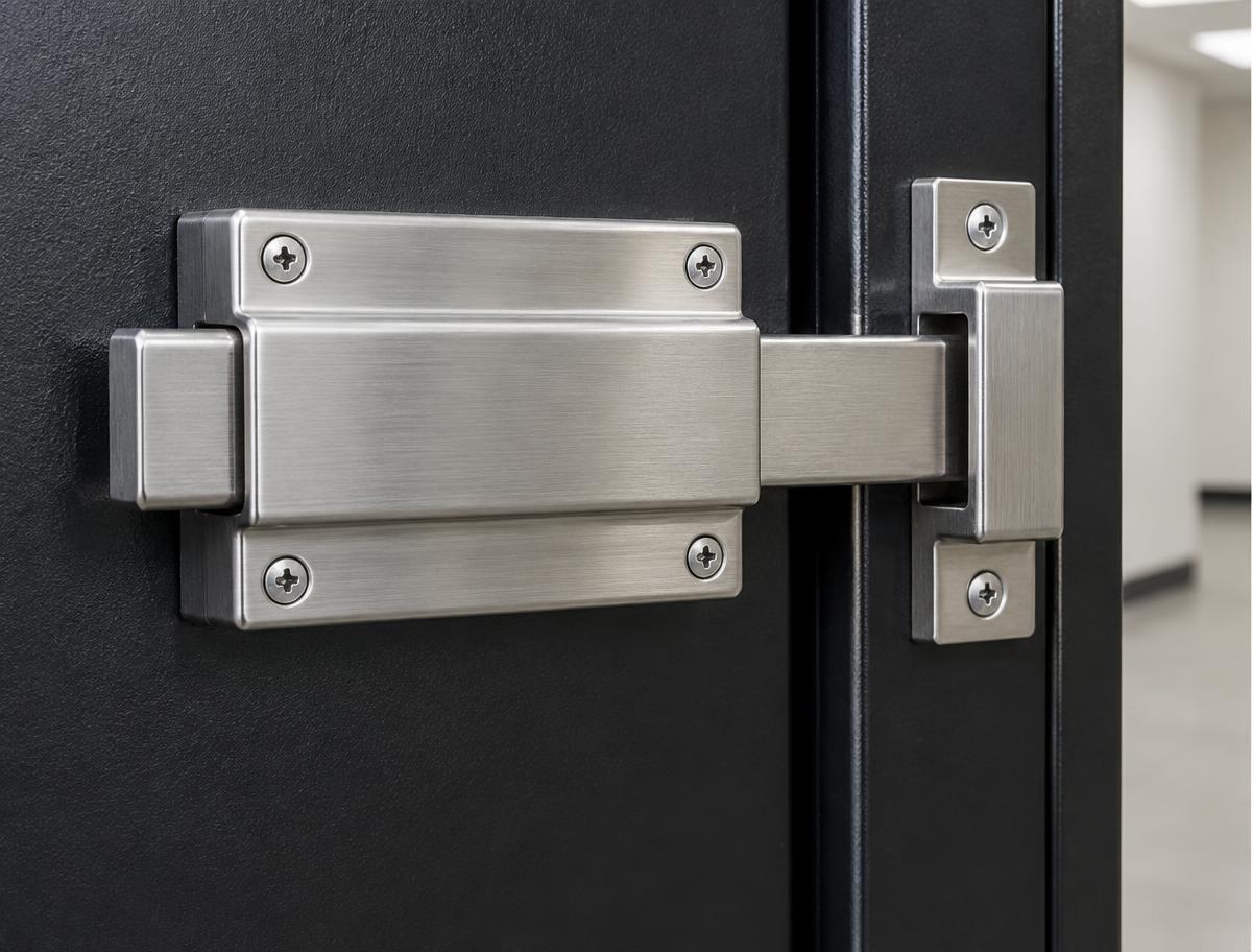 Reinforced stainless steel security latch and keeper on a black steel door